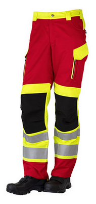 Rote Sicherheitsarbeitshose mit reflektierenden Streifen und gelben Details, die im Rettungsdienst getragen wird.