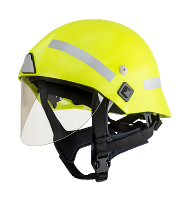 Leuchtend gelber Sicherheitshelm mit Visier und Reflexstreifen, wie er bei der Feuerwehr oder im Rettungsdienst getragen wird.