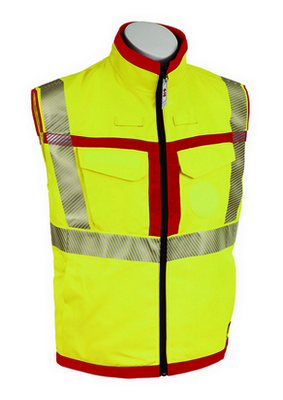 Leuchtweste mit Reflektoren und roten Akzenten, geeignet für Sicherheitsanwendungen. Sie dient der Kenntlichmachung von Sanitäter*innen.