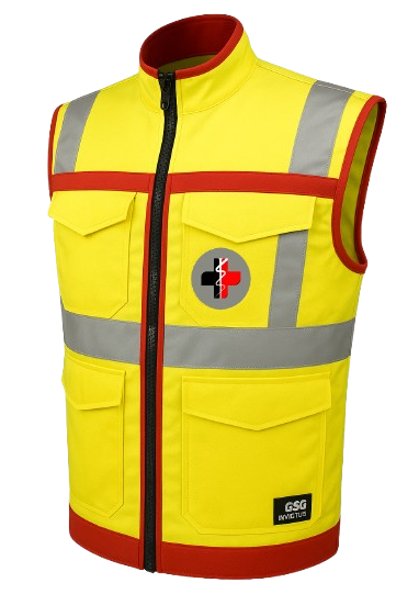 Leuchtweste mit Reflektoren und roten Akzenten, geeignet für Sicherheitsanwendungen. Sie dient der Kenntlichmachung von Sanitäter*innen.