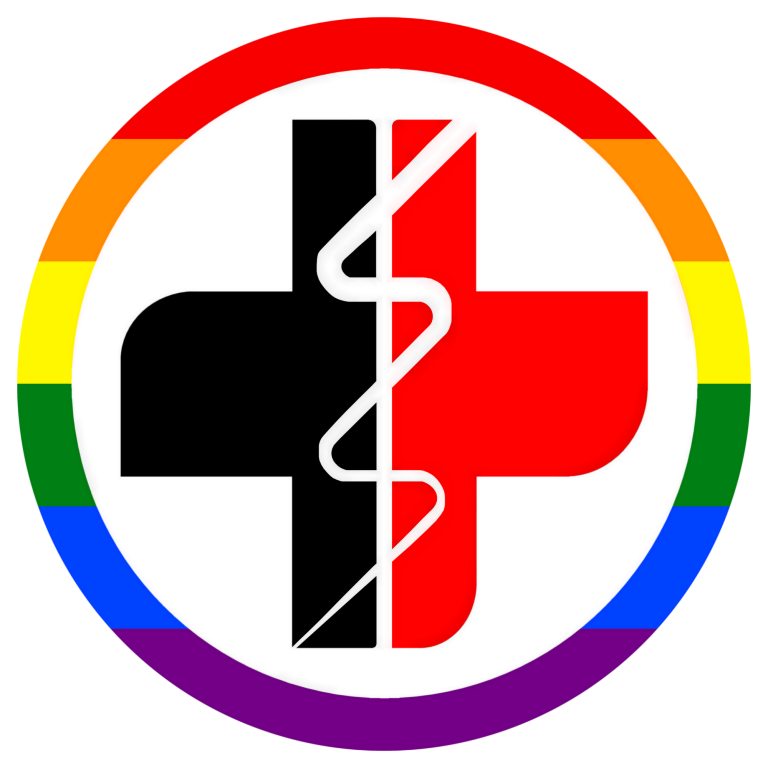 Symbol mit einem Pluszeichen in Schwarz und Rot, umgeben von einem Regenbogenring. In der Mitte ist ein Äskulapstab. Das Pride-Logo des SKL.
