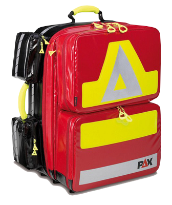 Ein großerroter Notfallrucksack mit gelben Warnstreifen von PAX (Wasserkuppe L ST-FT 2) der beim SKL als Notfallrucksack-ALS genutzt wird.