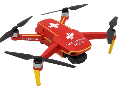 Eine Drohne von DJI die für den Einsatz im Sanitätsdienst des SKL mit rot-gelber Folie beklebt ist, wie es im Rettungsdienst typisch ist.