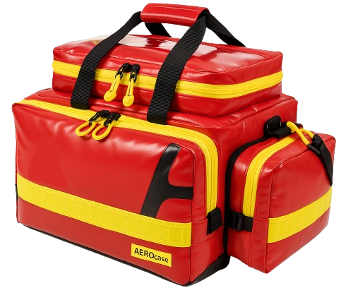Eine mittlere rote Notfalltasche mit gelben Warnstreifen von AEROcase (RBL1) die beim SKL als Notfalltasche-ALS genutzt wird.