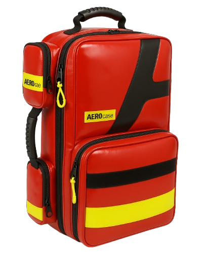 Ein mittlerer roter Notfallrucksack mit gelben Warnstreifen von AEROcase (MPXL1C) der beim SKL als Notfallrucksack-BLS genutzt wird.