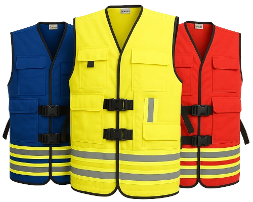 Drei farbige Warnwesten in Blau, Gelb und Rot mit reflektierenden Streifen. Diese werden getragen, um über die Farbe die Funktion zu zeigen.