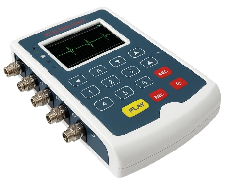 Medizinisches Gerät mit Display und Tasten für die Simulation von verschiedenen EKG-Kurven in der Ausbildung.