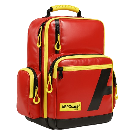 Ein kleiner roter Notfallrucksack mit gelben Warnstreifen von AEROcase (RPL1C) der beim SKL als Notfallrucksack-EH genutzt wird.