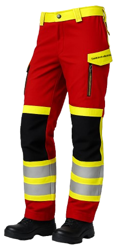 Rote Sicherheitsarbeitshose mit reflektierenden Streifen und gelben Details, die im Rettungsdienst getragen wird.