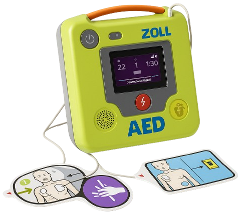 Defibrillator mit Anleitung, Elektrodenpads und Bildschirm zur Herzdefibrillation. Es ist ein Übungsgerät.