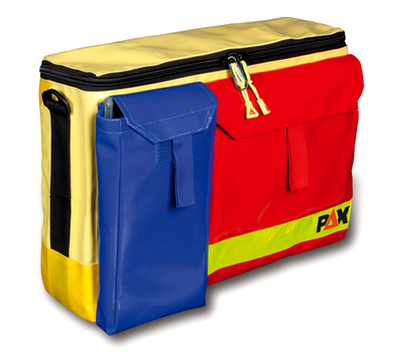 Eine gelbe Notfalltasche mit mehreren farbigen Fächern, die zur Sichtung bei Einsätzen mit vielen Patient*innen dient.