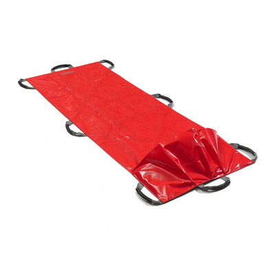 Rotes Tragetuch mit Griffen, ideal für den Transport von Verletzten oder Kranken in sitzender oder liegender Position.
