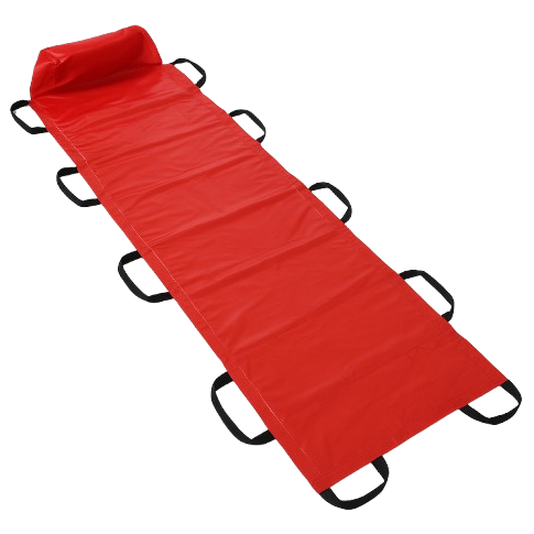 Rotes Tragetuch mit Griffen, ideal für den Transport von Verletzten oder Kranken in sitzender oder liegender Position.
