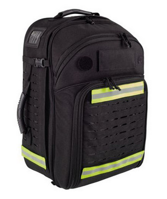 Ein mittlerer schwarzer Notfallrucksack mit dezenten Warnstreifen von tee-uu der dem SKL als taktischer Notfallrucksack dient.