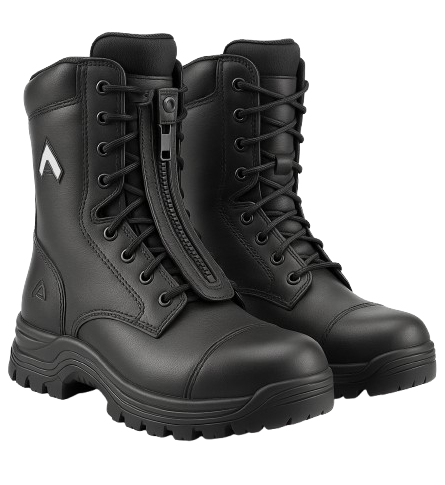 Schwarze Sicherheitsstiefel mit Reißverschluss und Stahlkappe der Schutzklasse S3 von HAIX. Ein oft genutzer Stiefel bei Sanitäter*innen.