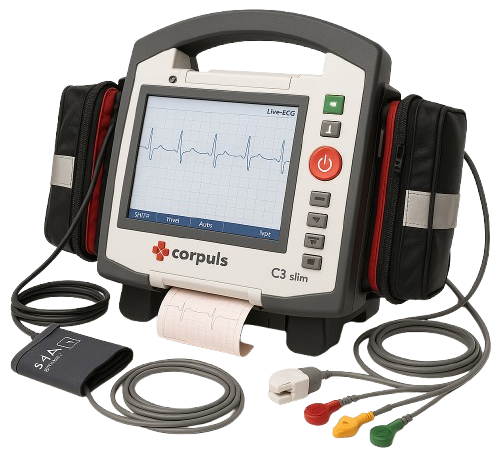 Ein Patientenmonitor mit viel Zubehör - der corpuls C3 - der als Minotor und Defibrillator bei Rettungsdienst und SKL Leben rettet.