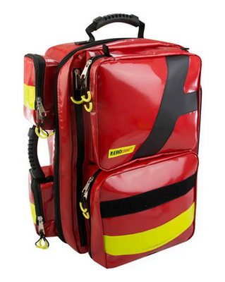 Ein mittlerer roter Notfallrucksack mit gelben Warnstreifen von AEROcase (MPXL1C) der beim SKL als Notfallrucksack-BLS genutzt wird.