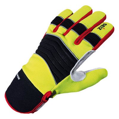 Gelbe Arbeitshandschuhe mit schwarzen und roten Akzenten, für bessere Griffigkeit und Schutz der Helfer*innen im Sanitätsdienst.