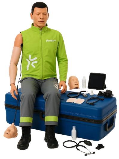 Eine Übungspuppe mit vollständigem Körper (AmbuMan Advanced ) die zur medizinischen Simulation für Profis genutzt wird nebst viel Zubehör.
