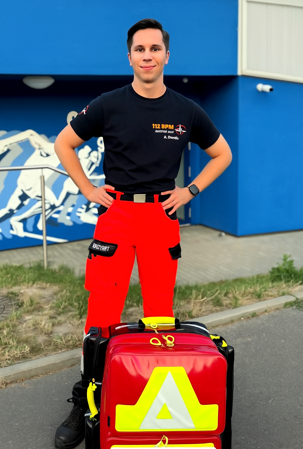 Ein Rettungssanitäter in uniform mit roter Hose steht vor einem Gebäude. Er hat einen Notfallrucksack dabei.