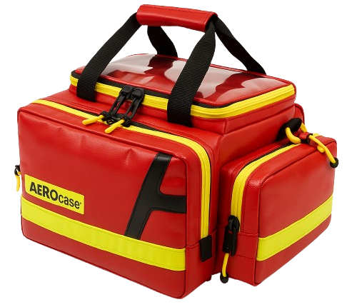 Eine kleine rote Notfalltasche mit gelben Warnstreifen von AEROcase (RBM1) die beim SKL als Notfalltasche-BLS genutzt wird.