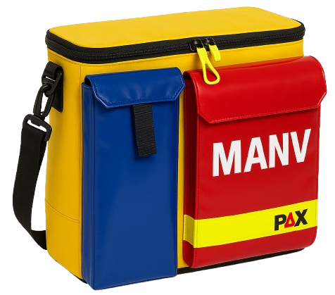 Eine gelbe Notfalltasche mit mehreren farbigen Fächern, die zur Sichtung bei Einsätzen mit vielen Patient*innen dient.