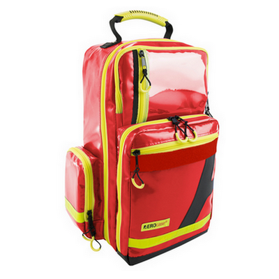 Ein kleiner roter Notfallrucksack mit gelben Warnstreifen von AEROcase (RPL1C) der beim SKL als Notfallrucksack-EH genutzt wird.