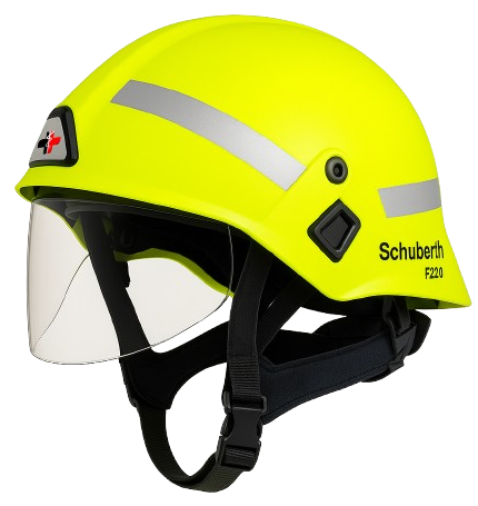 Leuchtend gelber Sicherheitshelm mit Visier und Reflexstreifen, wie er bei der Feuerwehr oder im Rettungsdienst getragen wird.