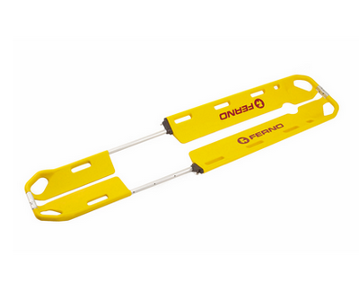 Eine gelbe Schaufeltrage - Trage die in 2 Teile getrennt werden kann, um Personen mit Rückenverletzungen schonen zu transportieren.