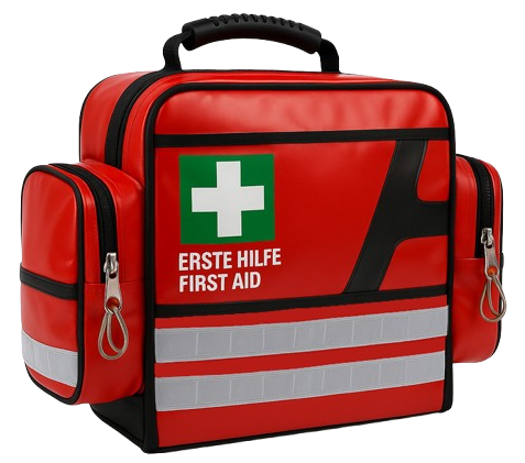 Eine mittlere rote Notfalltasche mit silbernen Warnstreifen von AEROcase (First Aid Bag) die dem SKL als ausklappbare UHS-Tasche dient.
