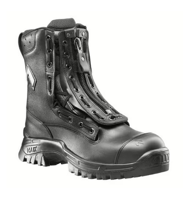 Schwarze Sicherheitsstiefel mit Reißverschluss und Stahlkappe der Schutzklasse S3 von HAIX. Ein oft genutzer Stiefel bei Sanitäter*innen.