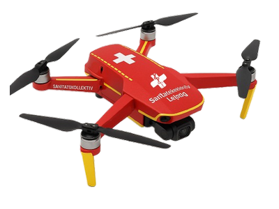 Eine Drohne von DJI die für den Einsatz im Sanitätsdienst des SKL mit rot-gelber Folie beklebt ist, wie es im Rettungsdienst typisch ist.