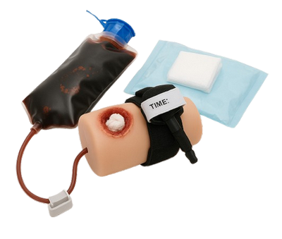 Medizinisches Trainingsmodell für stark blutende Wunden und Material zur Blutstillung wie einem Turniquet und Wundgaze.