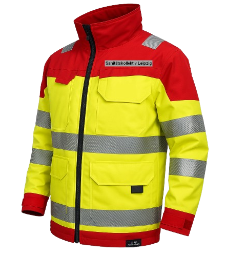 Neon-gelbe Arbeitsjacke mit roten Akzenten und reflektierenden Streifen. Sie dient dem Schutz der Sanitäter*innen und der Warnwirkung.