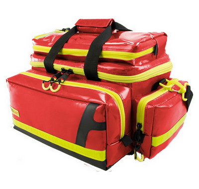 Eine mittlere rote Notfalltasche mit gelben Warnstreifen von AEROcase (RBL1) die beim SKL als Notfalltasche-ALS genutzt wird.