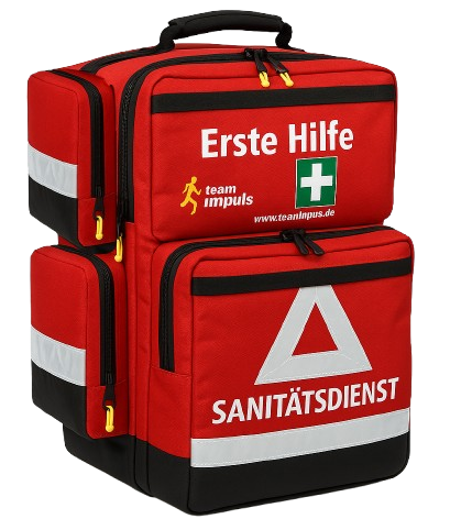 Ein mittlerer roter Notfallrucksack mit silbernen Warnstreifen von Team-Impuls der dem SKL als Übungs- und Ausbildungsrucksack dient.