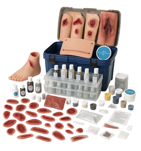 Ein Set mit Spezialeffekten und Fake-Wunden für die realistische Darstellung von Patient*innen, einschließlich Kunstblut und Schminke.