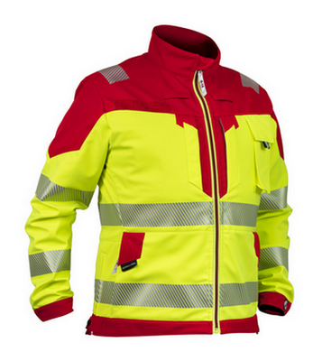 Neon-gelbe Arbeitsjacke mit roten Akzenten und reflektierenden Streifen. Sie dient dem Schutz der Sanitäter*innen und der Warnwirkung.