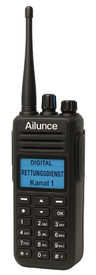 Schwarzes Handfunkgerät mit langer Antenne und digitalem Bildschirm. Dieses Digitalfunkgerät HD2 nutzen die Sanitäter*innen des SKL.