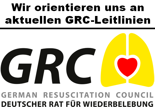 Logo des GRC (Deutscher Rat für Wiederbelebung) und dem Hinweis "Wir orientieren uns an aktuellen GRC-Leitlinien".