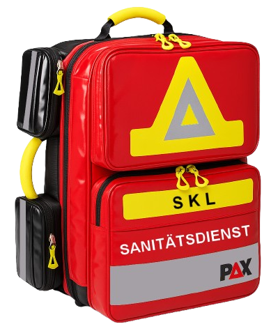 Ein großerroter Notfallrucksack mit gelben Warnstreifen von PAX (Wasserkuppe L ST-FT 2) der beim SKL als Notfallrucksack-ALS genutzt wird.